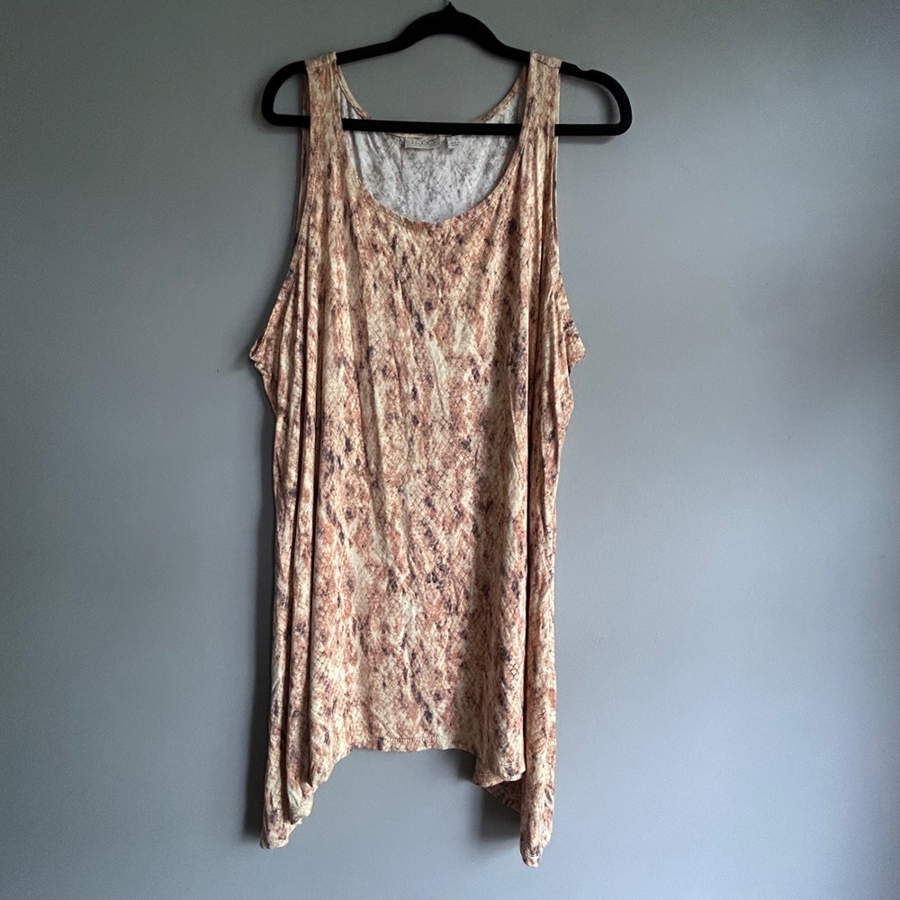 LOGO Lori Goldstein Snake Print Sharkbite Hem Tunic‎ Top Tan Brown 2X A305451